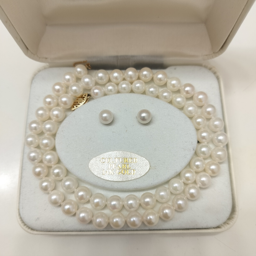 14K Solid Gold Genuine Natural Pearl Earrings and Necklace Set